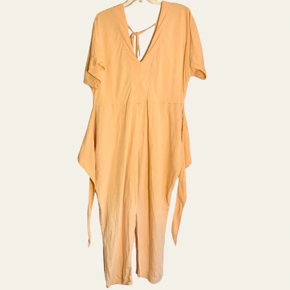 Free People Shining Sun Wrap Linen Jumpsuit Romper Playsuit Orange Cutout Sz L - Picture 10 of 12